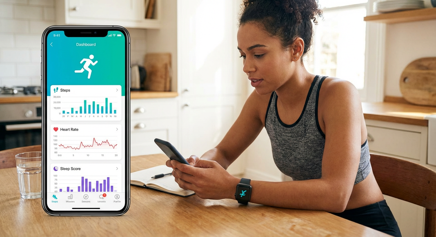 A user tracks their daily activity and health metrics on a smartphone app.