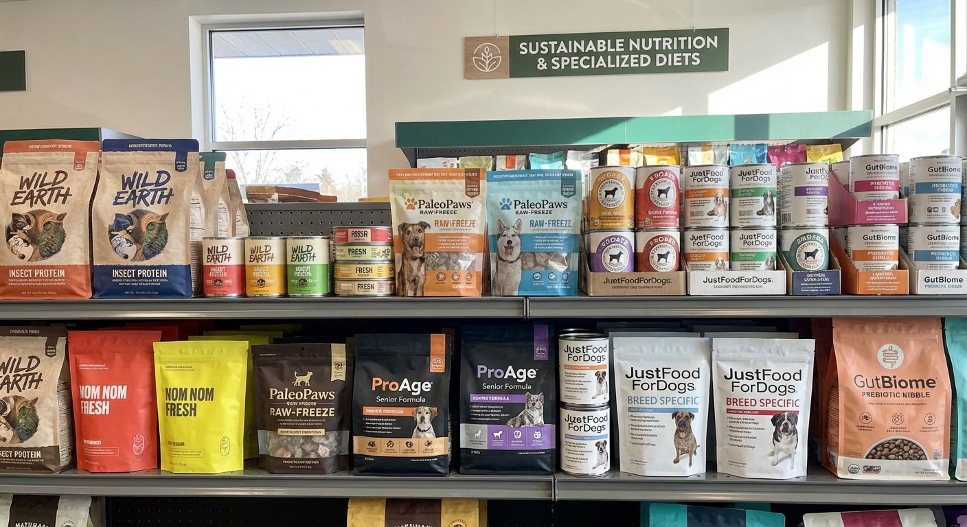 A variety of modern, specialised pet food products on a shelf.