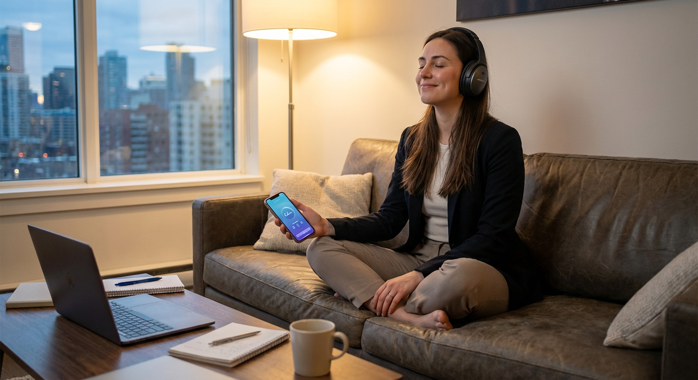 A young professional using a meditation app to de-stress after work.