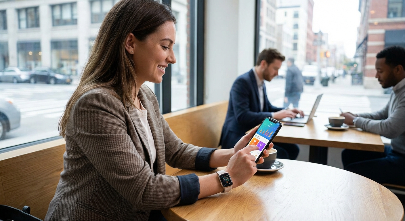 A young professional using a wellness app to track daily activity and health metrics.