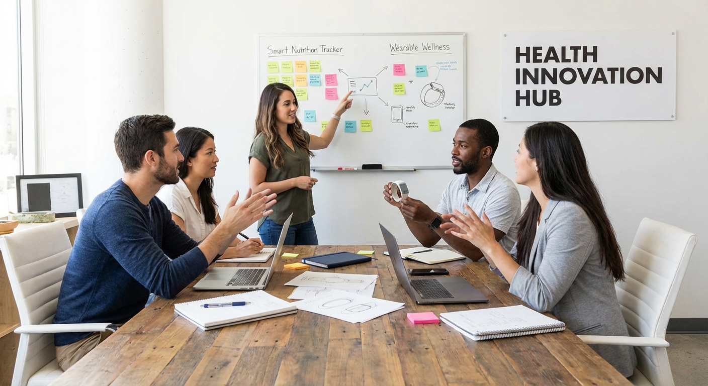 Entrepreneurs brainstorming new health-focused product ideas.