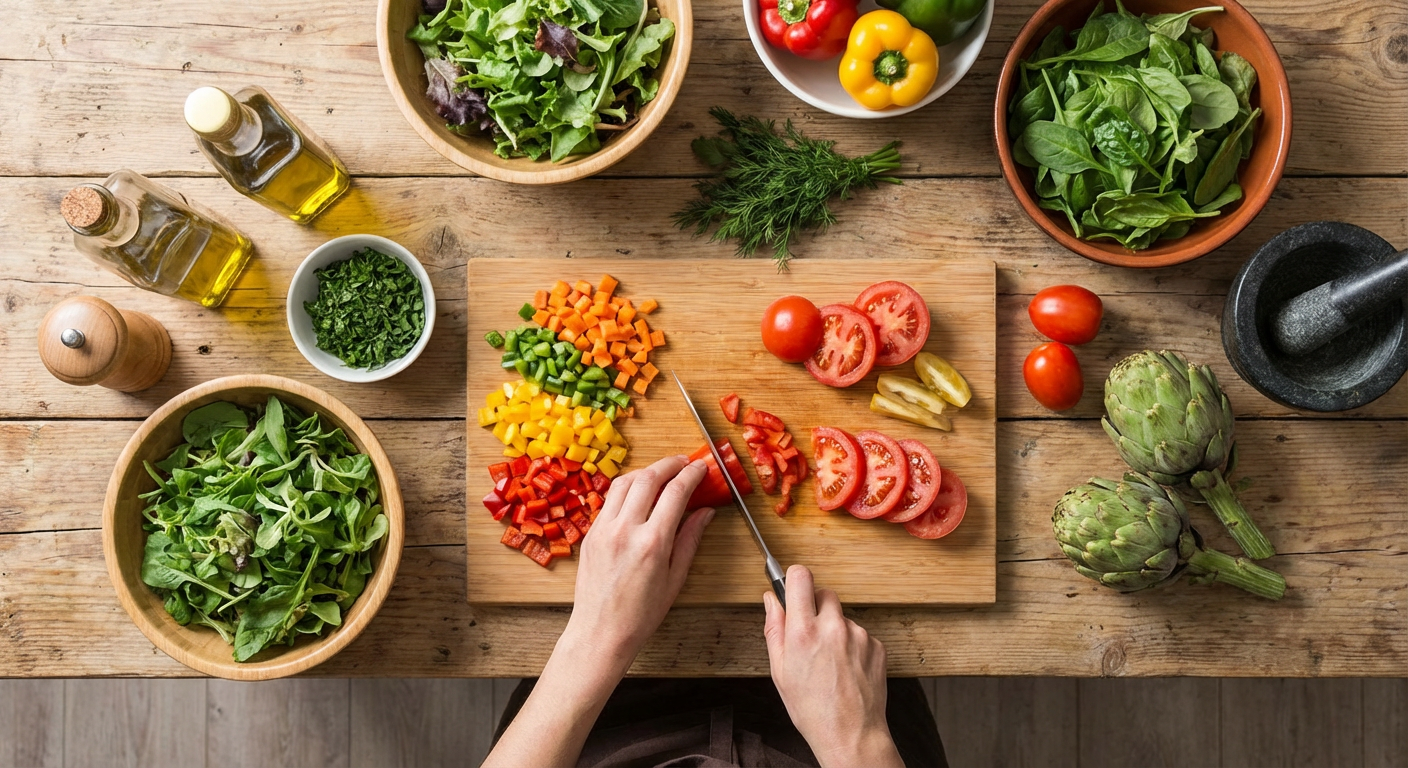 Fresh, healthy ingredients being prepared for a meal.