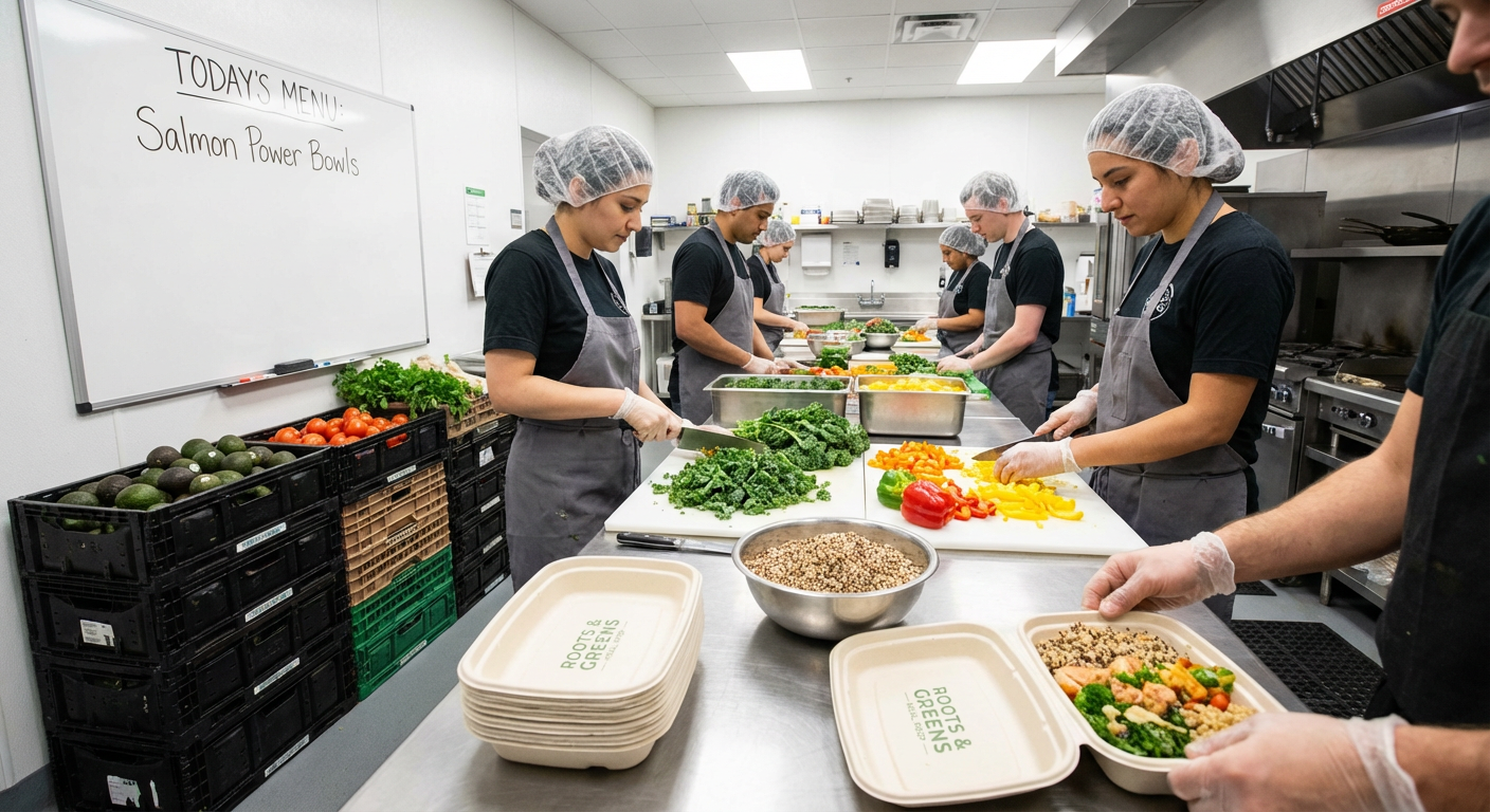 Fresh ingredients being prepared for a healthy meal delivery service.