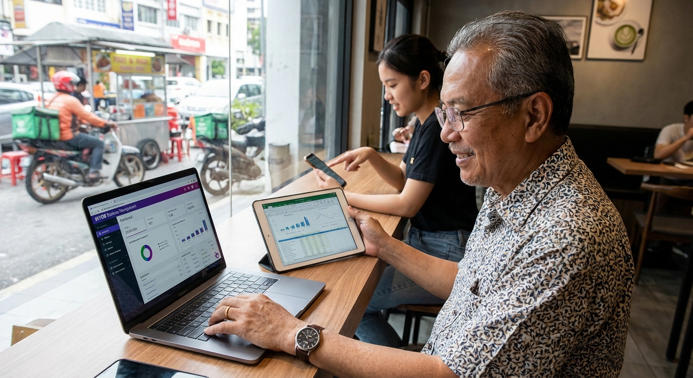 A Malaysian business owner using digital tools to manage operations.
