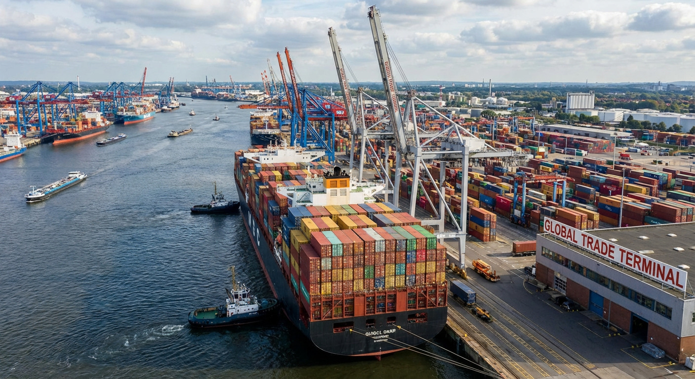 A container ship at a busy port, symbolising global trade.