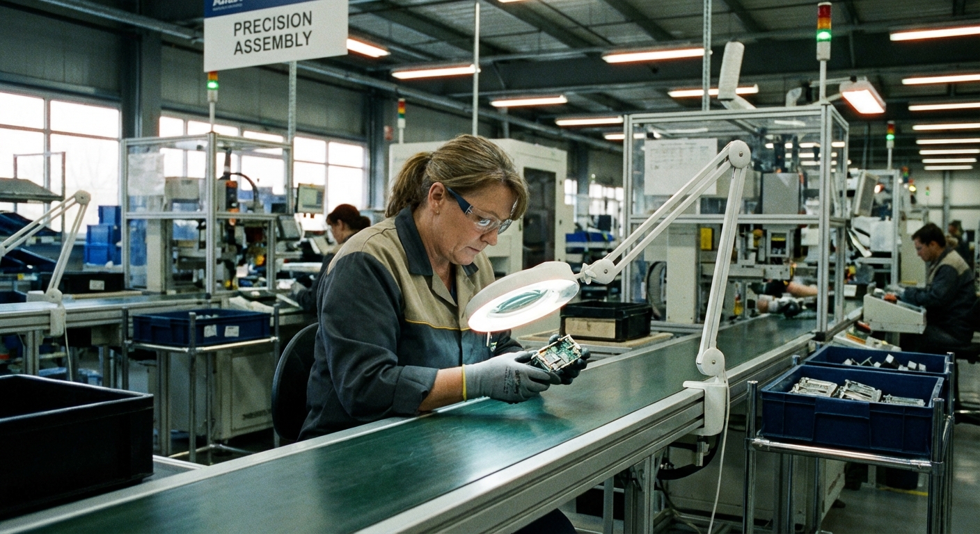 A factory worker inspecting products on a production line.