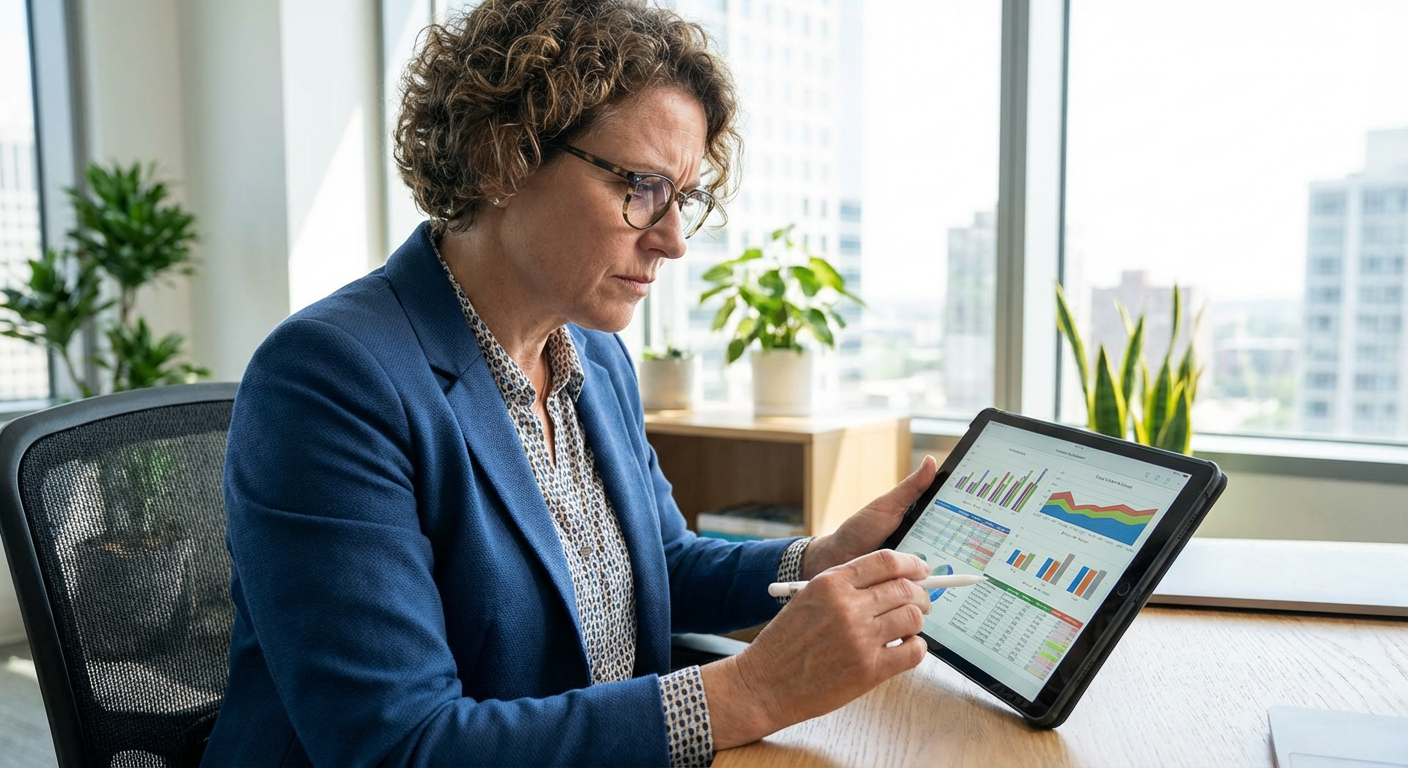 Business owner reviewing financial charts on a tablet.