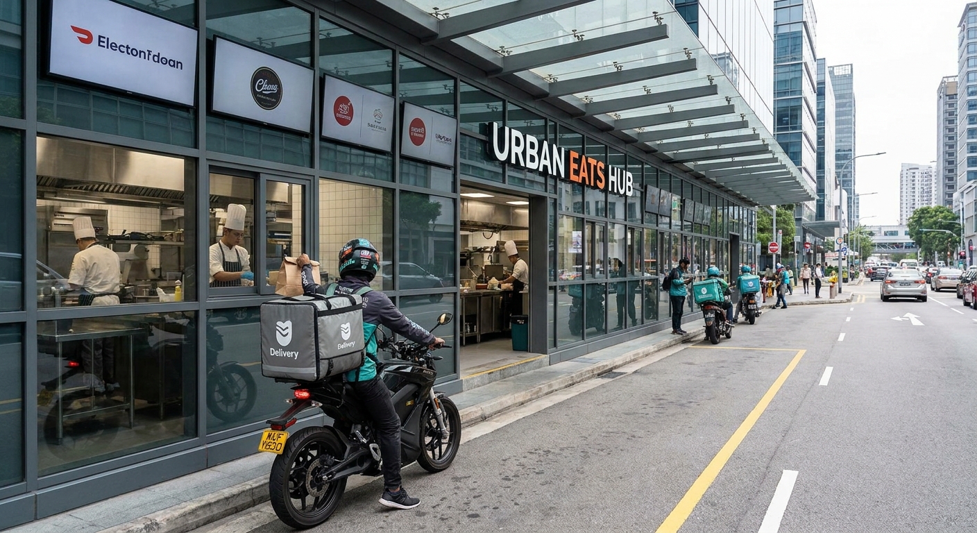 A delivery rider picking up an order from a modern cloud kitchen.