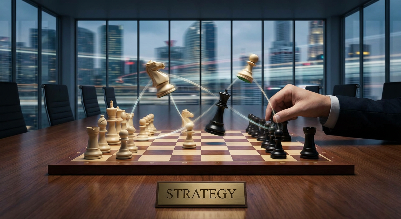 A chess board with pieces moving, symbolising strategic business moves.