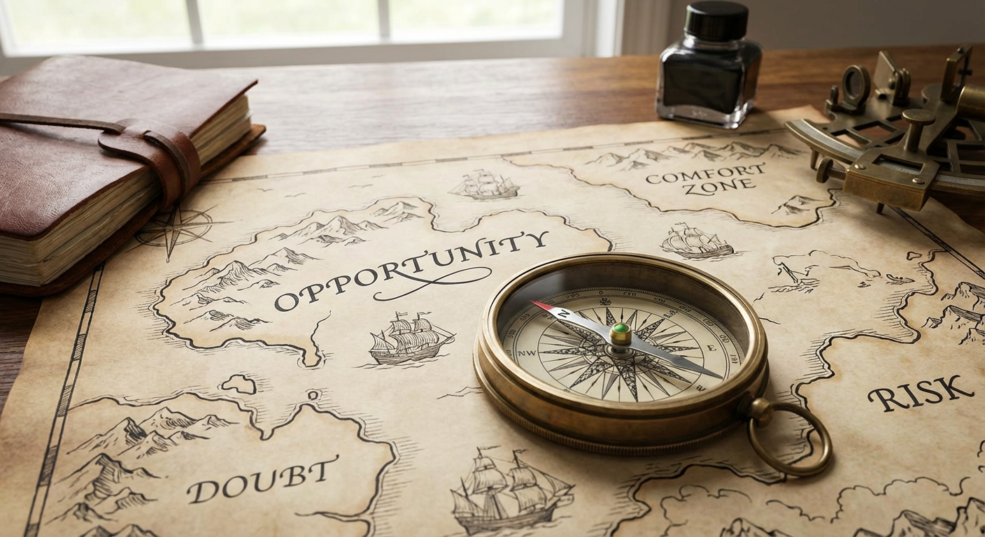 A compass pointing towards 'Opportunity' on a map.