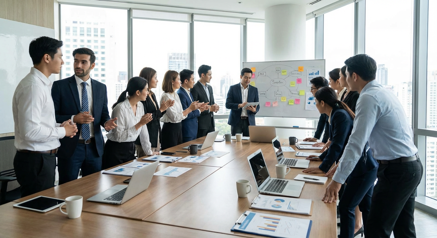 A group of business professionals discussing a strategy around a large table.