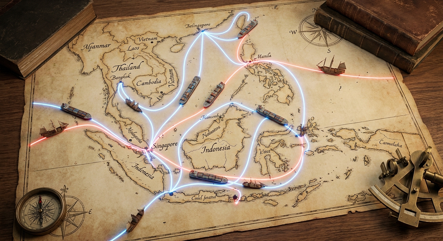 A map of Southeast Asia with shipping routes highlighted.