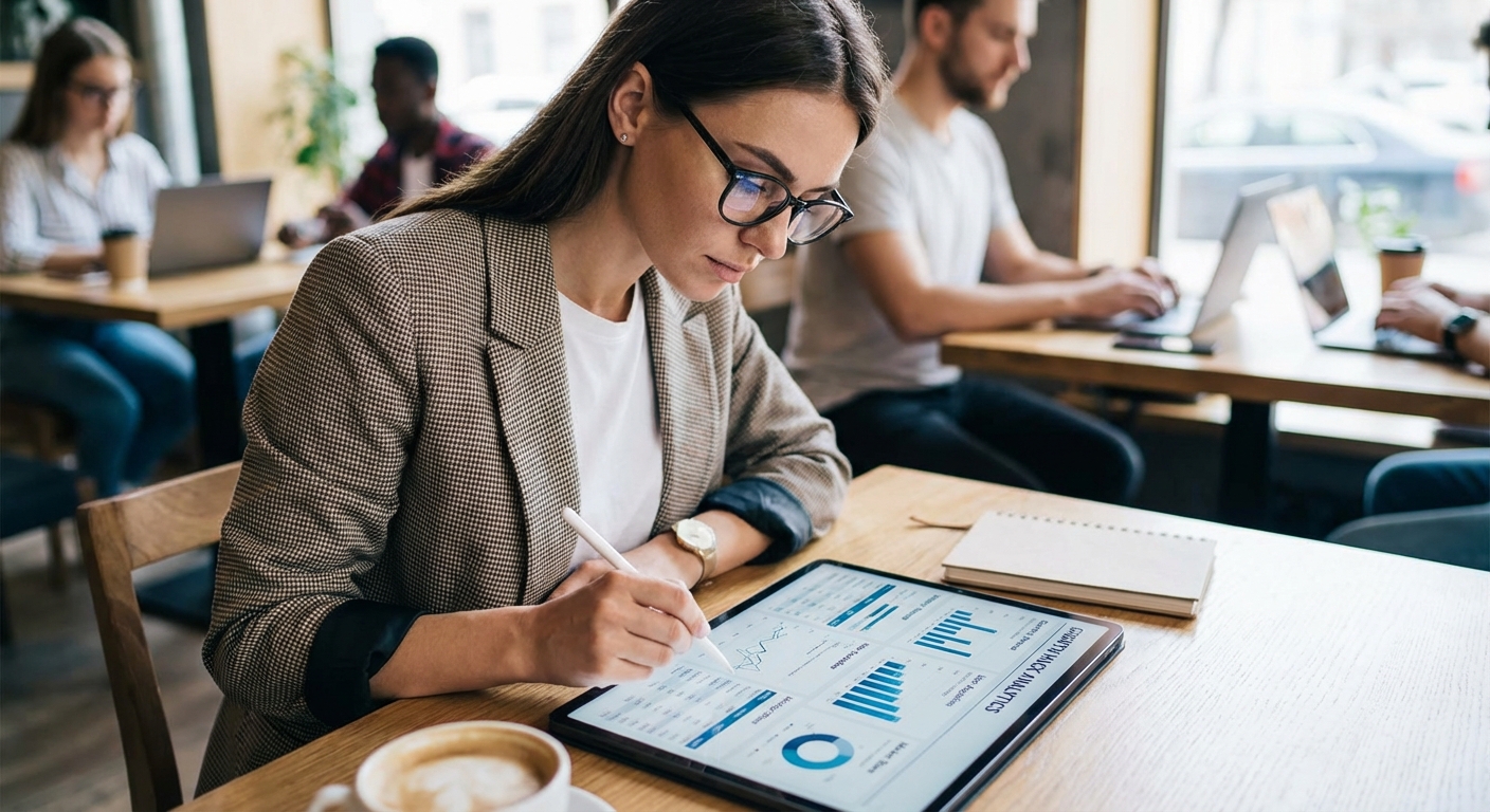 An entrepreneur reviewing business analytics on a tablet.