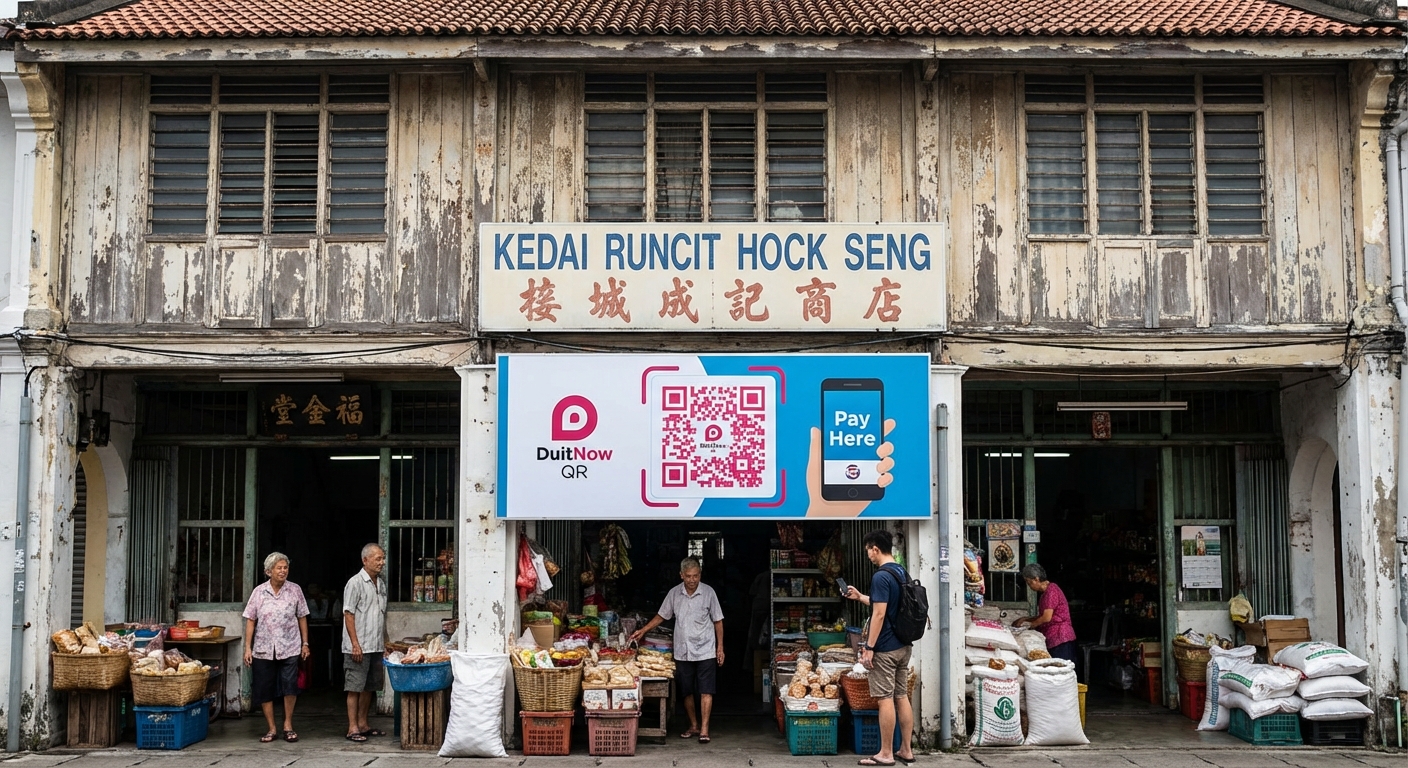 A traditional Malaysian storefront with a modern QR code payment sign.