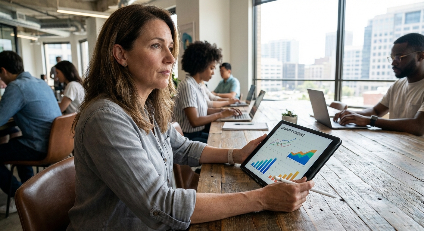 An entrepreneur reviewing business growth charts on a tablet.