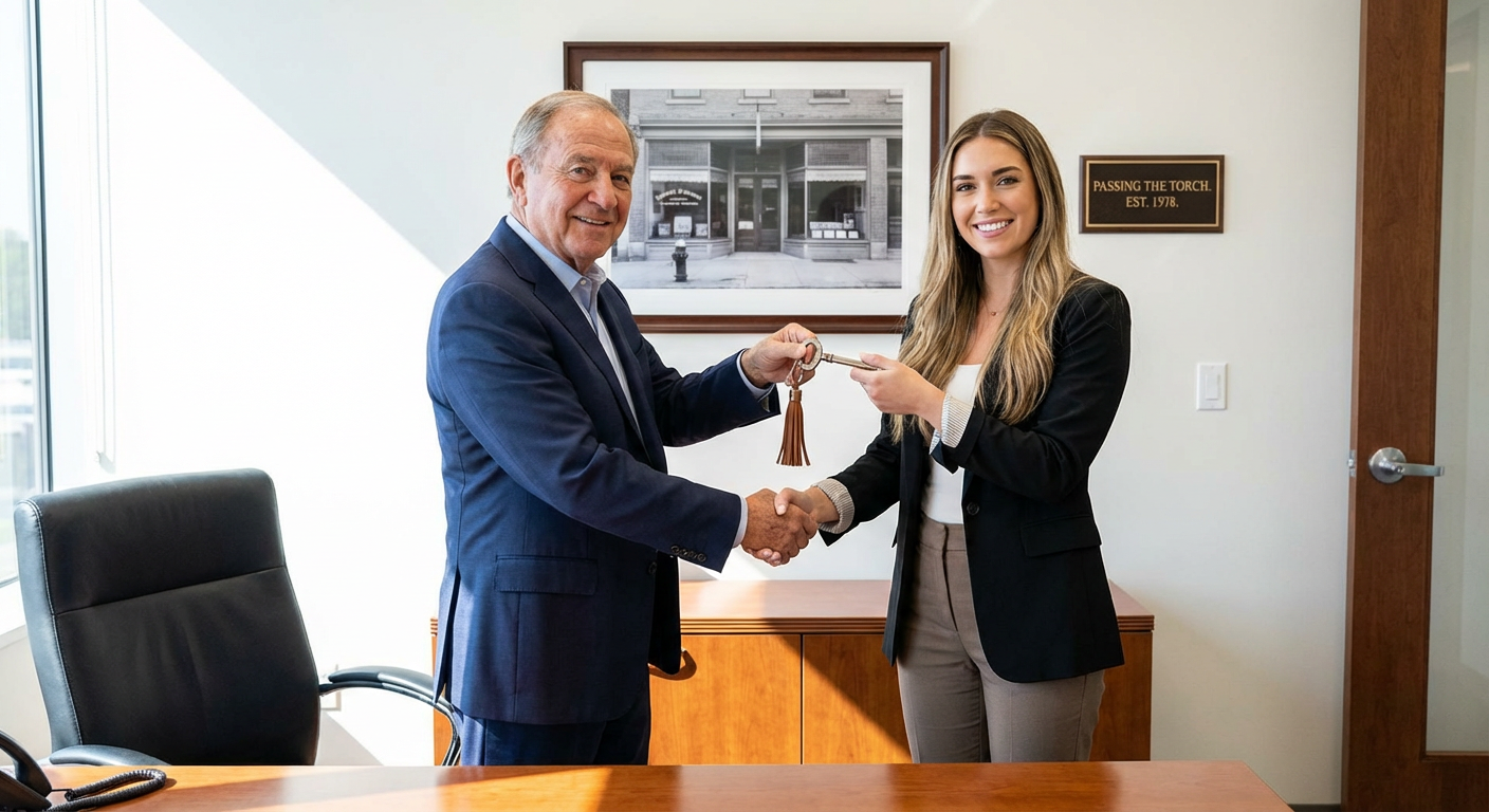 An experienced business owner passing a key to a younger entrepreneur.