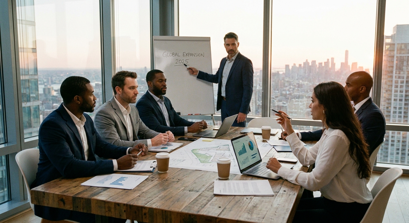 Business leaders planning their strategy around a table.