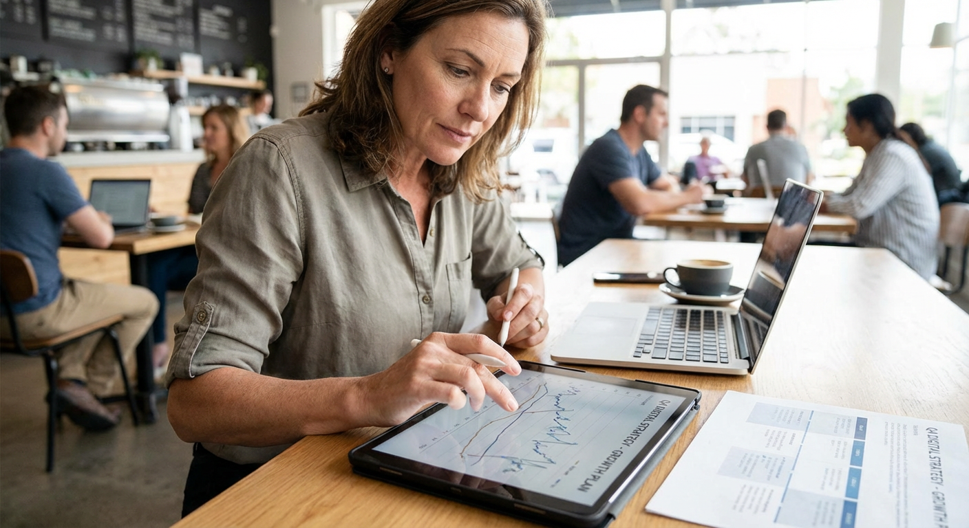 Business owner reviewing a digital strategy on a tablet.