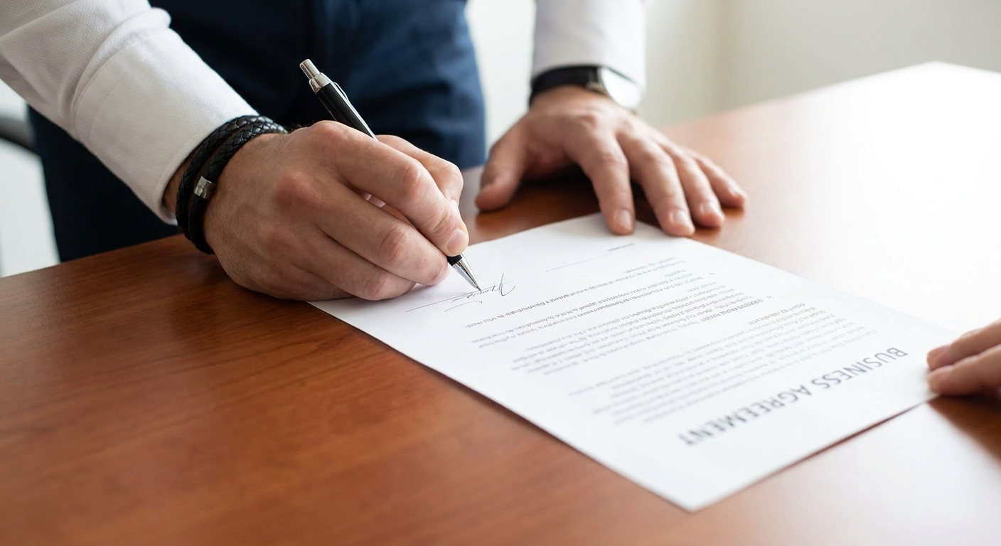 Close-up of a hand signing a business contract.