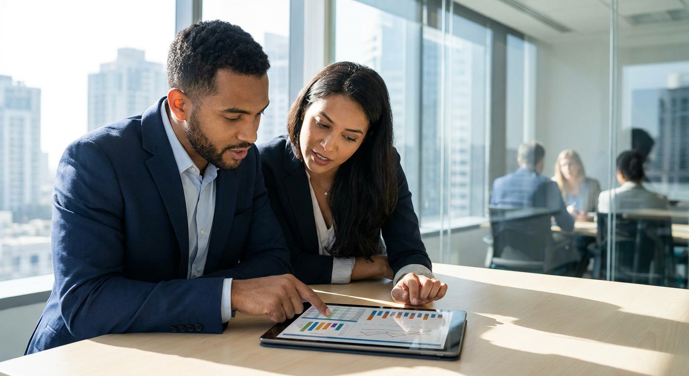 Business partners analysing charts and data on a tablet.