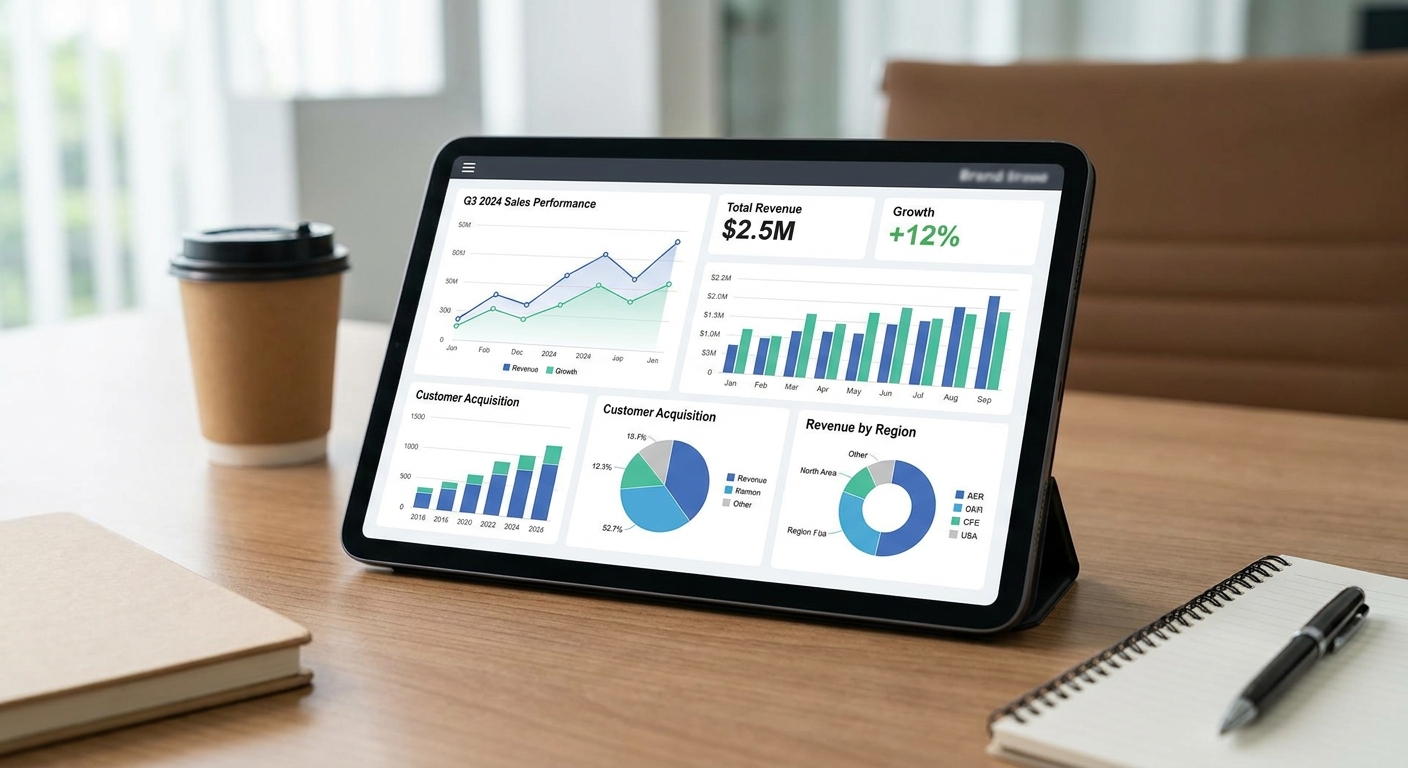 A tablet showing business analytics and sales data.