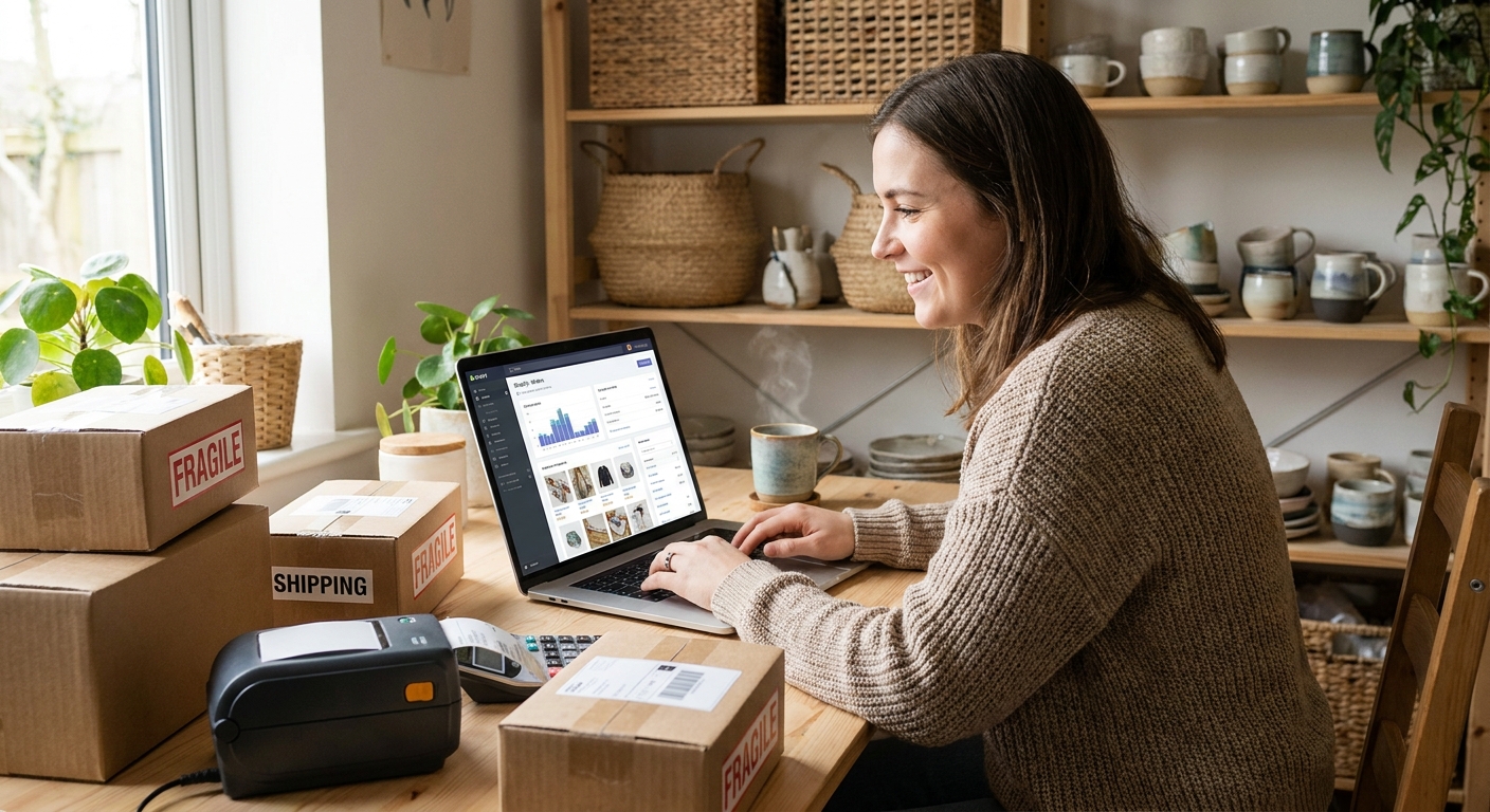 A person using a laptop to manage their online store.