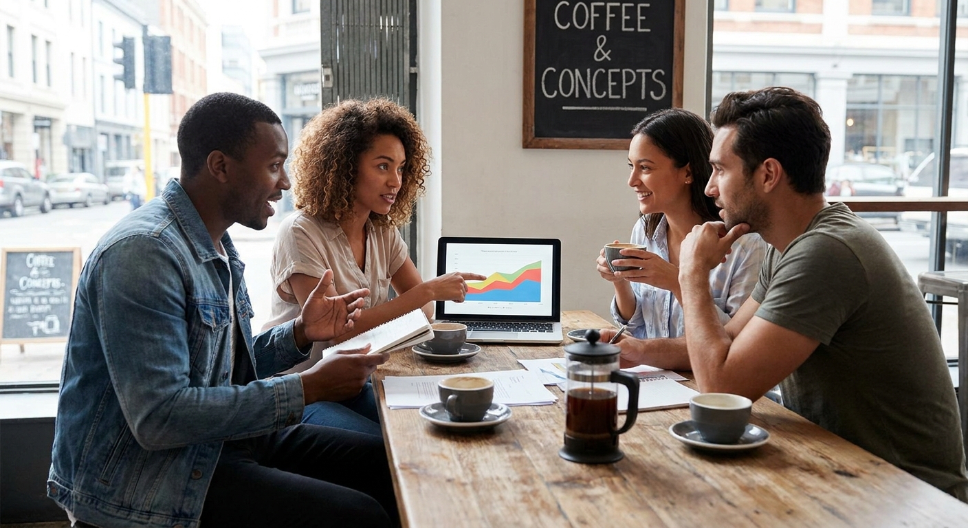 Entrepreneurs discussing a business plan over coffee.