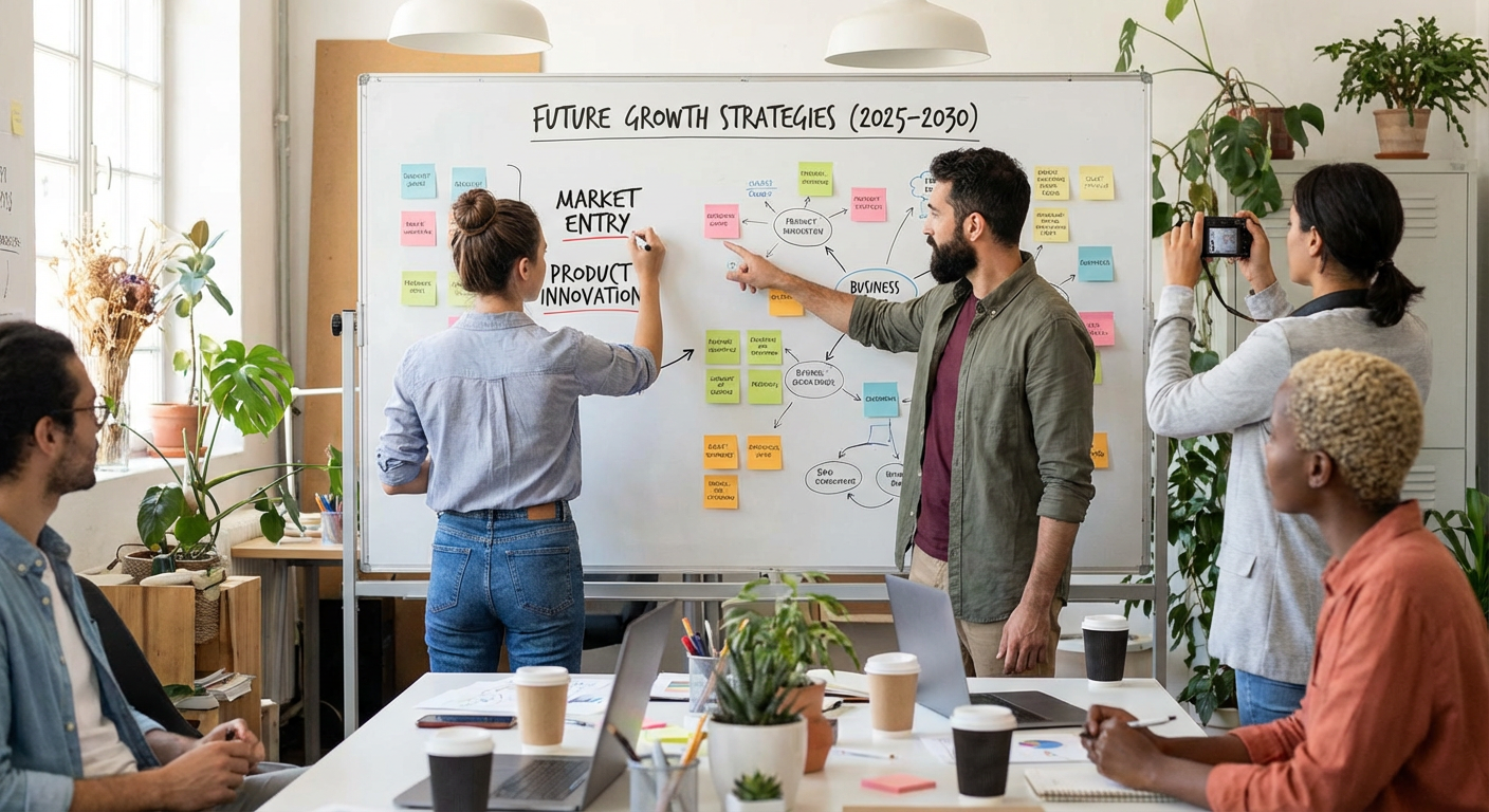 Entrepreneurs mapping out new business strategies on a whiteboard.