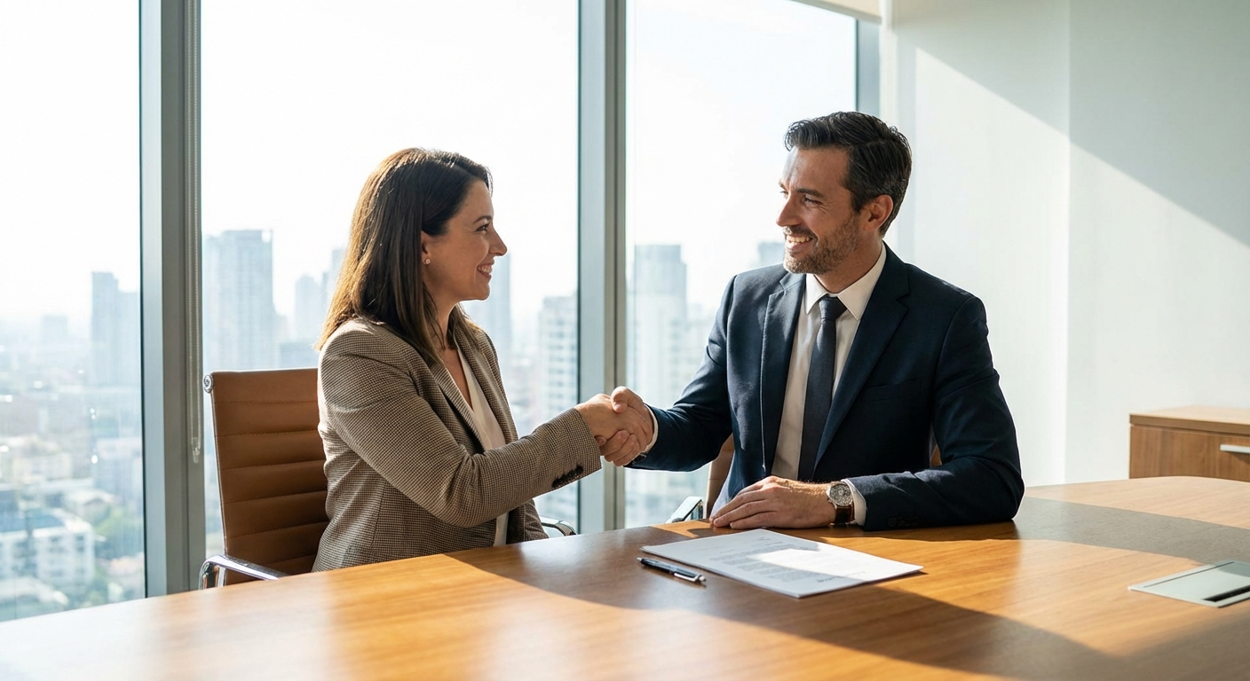 Two professionals shaking hands to finalise a business deal.