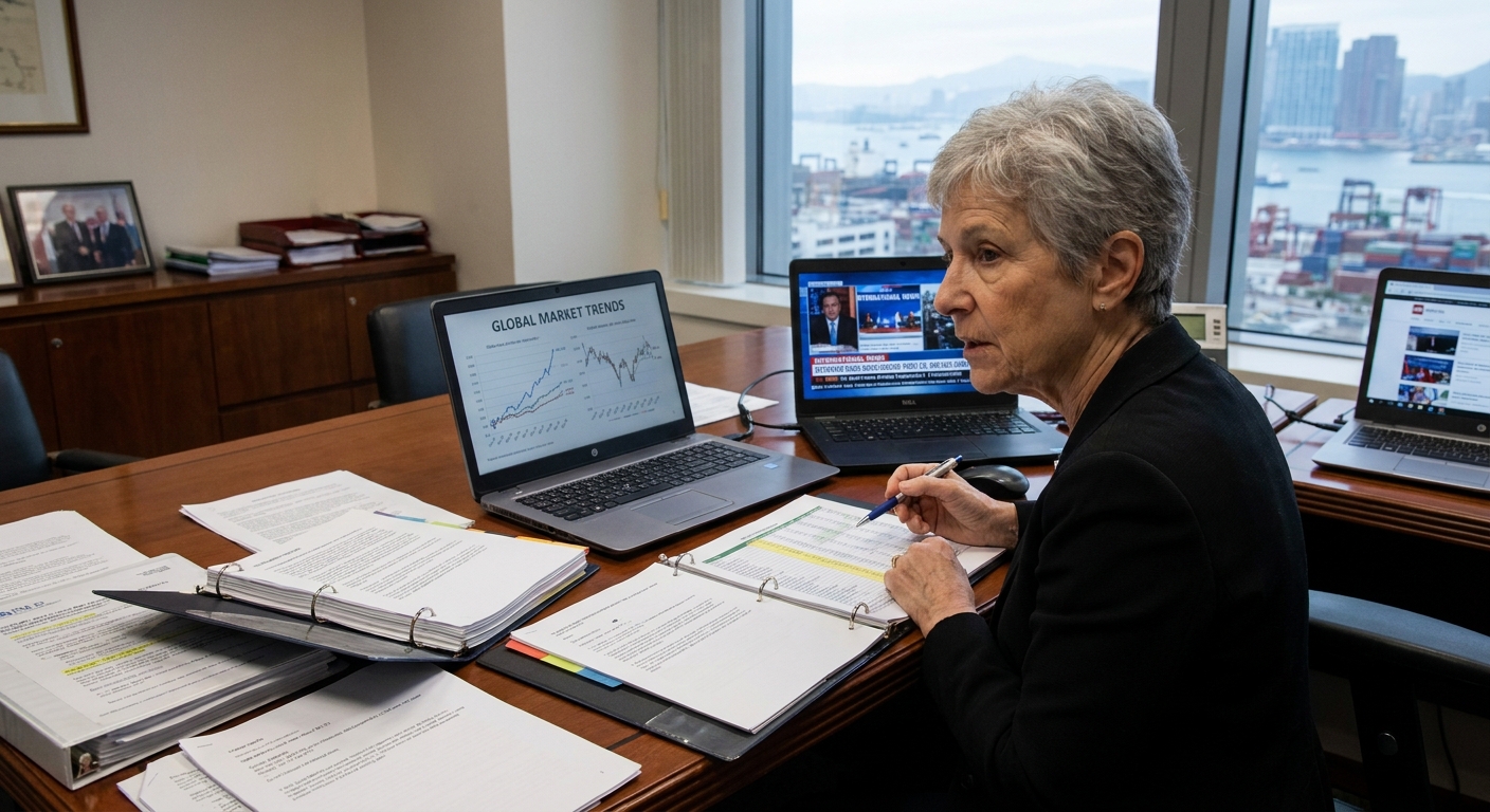 A business owner reviewing financial documents and global market trends.