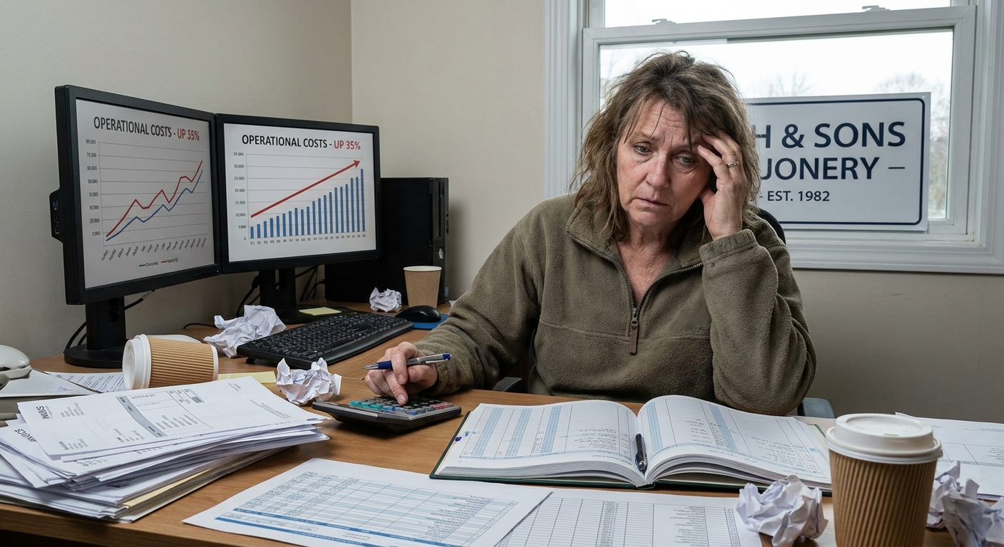 A business owner reviewing their finances amidst rising operational costs.