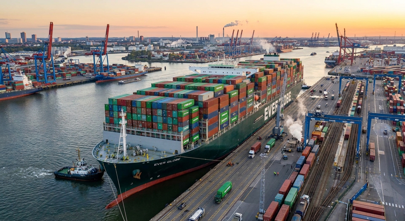 A container ship at a busy port, representing global trade.