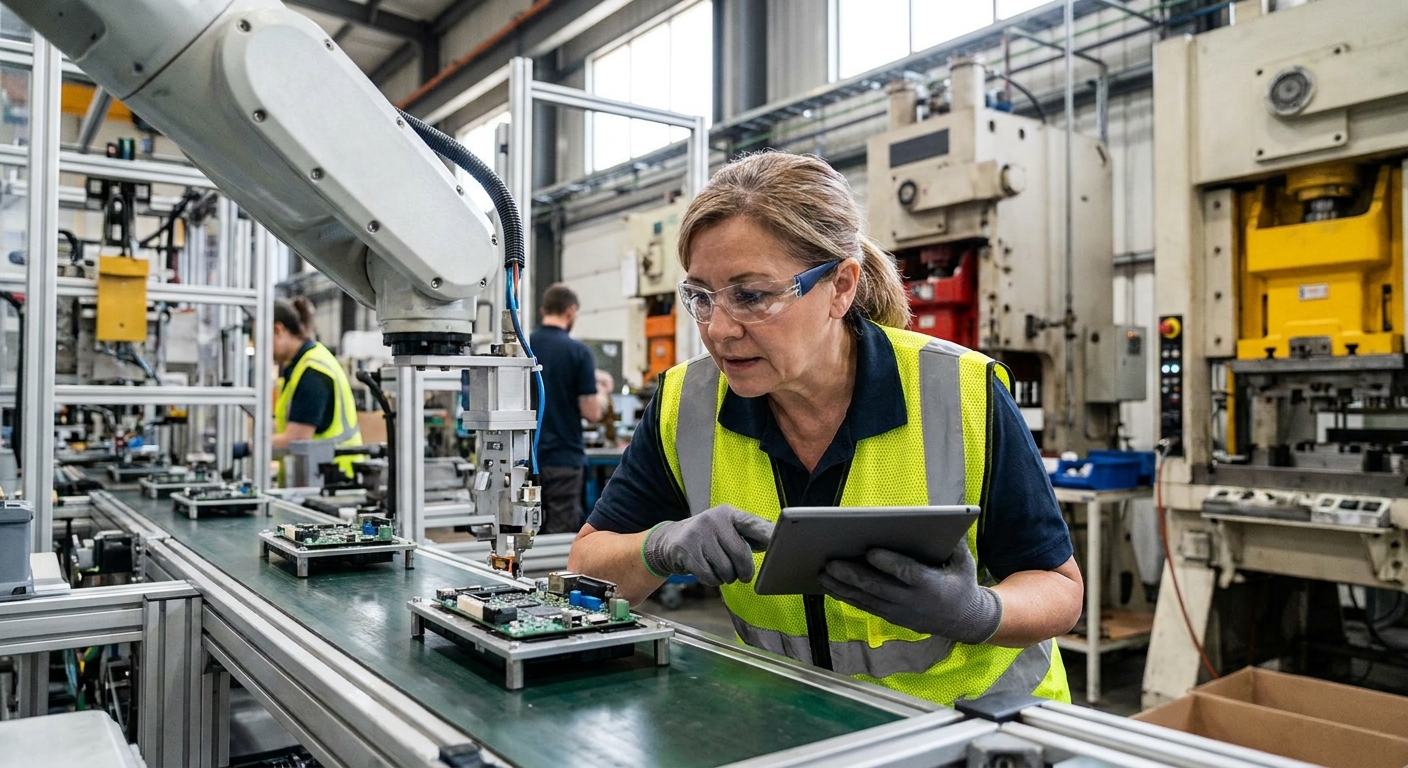 A factory worker carefully overseeing the production line.