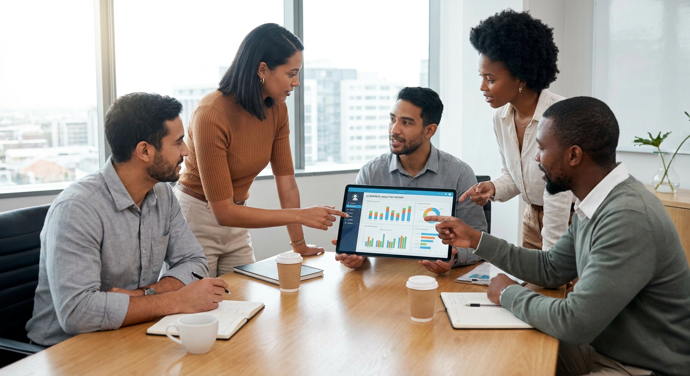 A group of professionals reviewing business analytics on a tablet.