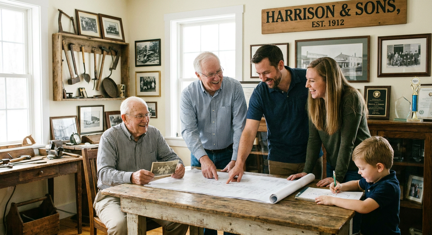 A multi-generational family business team in a meeting.