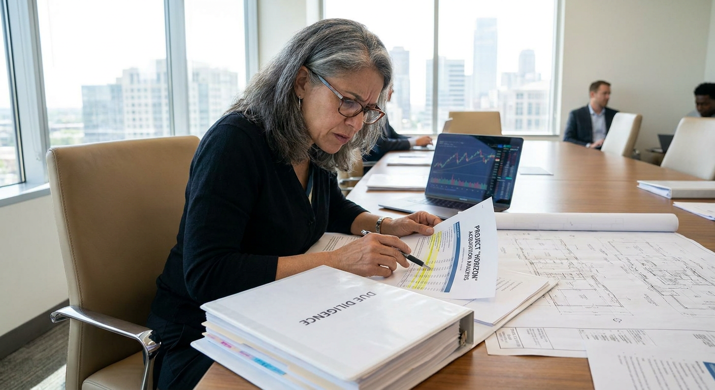 A person reviewing business documents and plans for a potential acquisition.