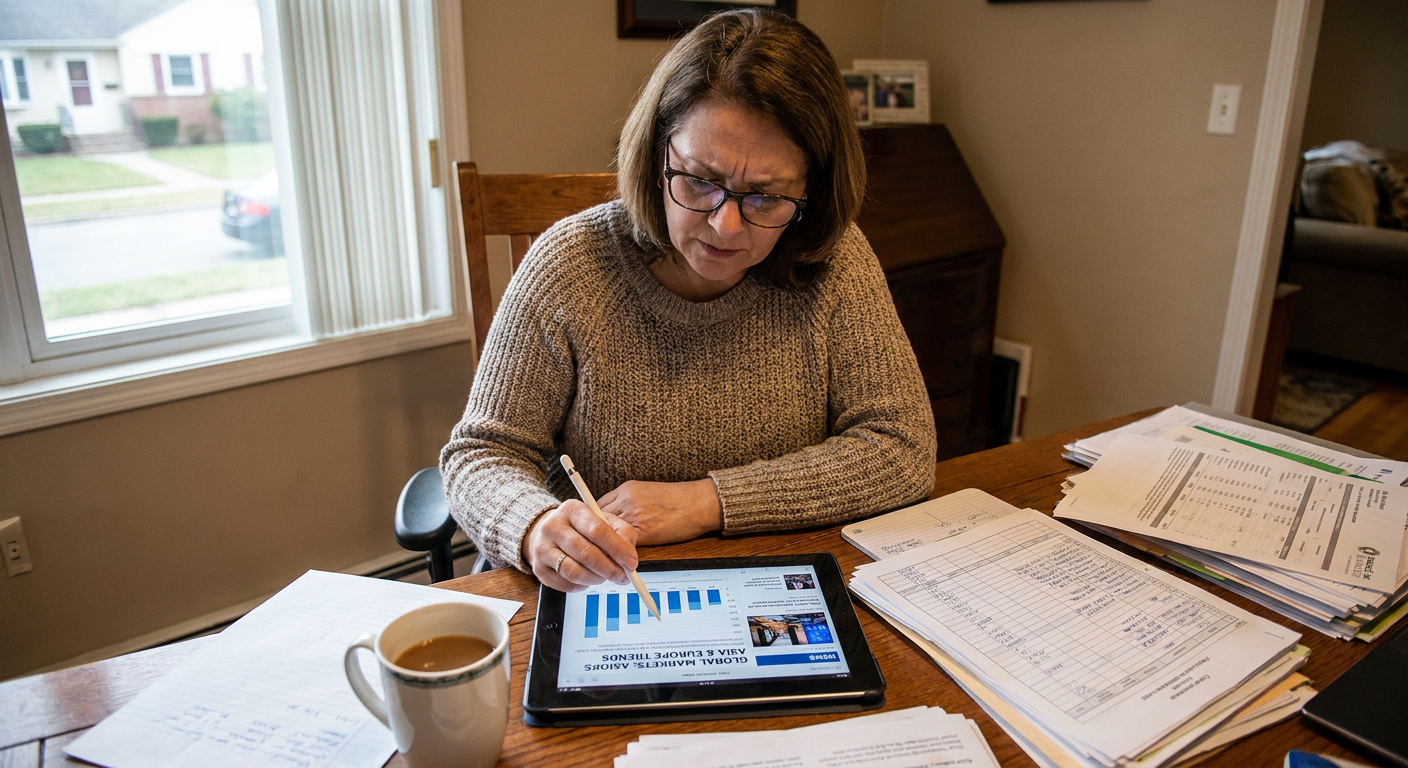 A small business owner reviewing financial documents and global market trends on a tablet.