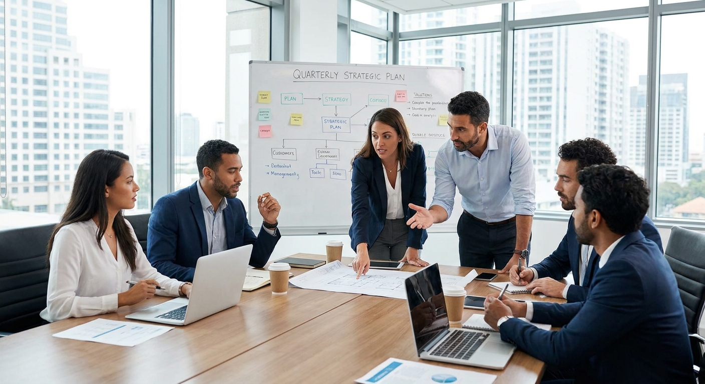 A team of business professionals gathered around a table, actively discussing a strategic plan.