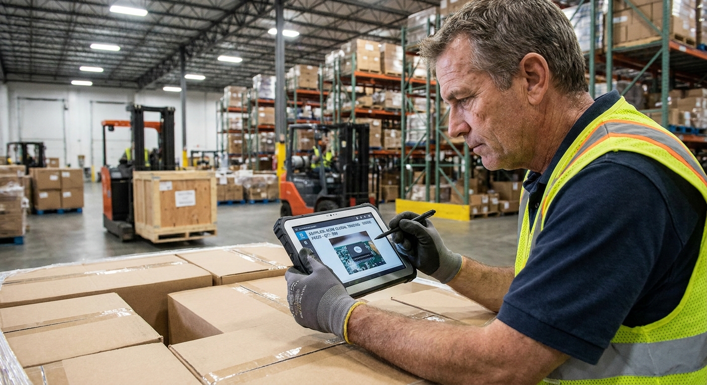 A warehouse manager carefully inspecting goods and supplier details on a digital tablet.