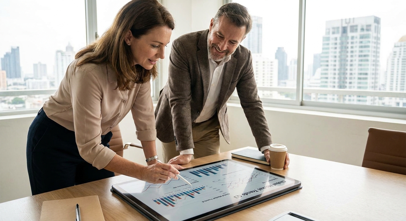 Business partners analysing market trends on a tablet.