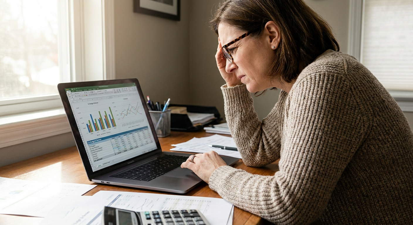 A small business owner carefully reviewing their company's financial charts and budget on a laptop.