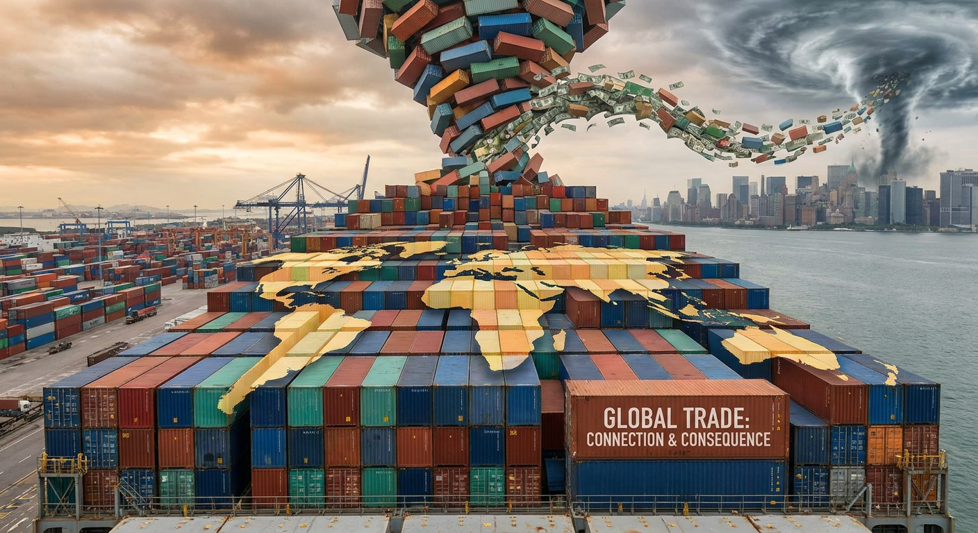 Global shipping containers representing international trade and its impact.