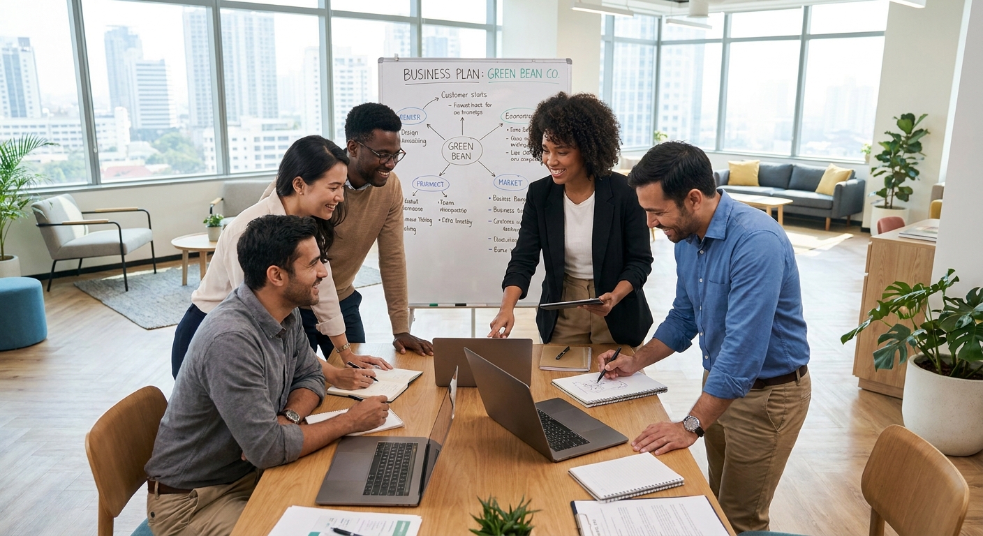 A team of entrepreneurs in a modern office, collaborating on a new business plan.