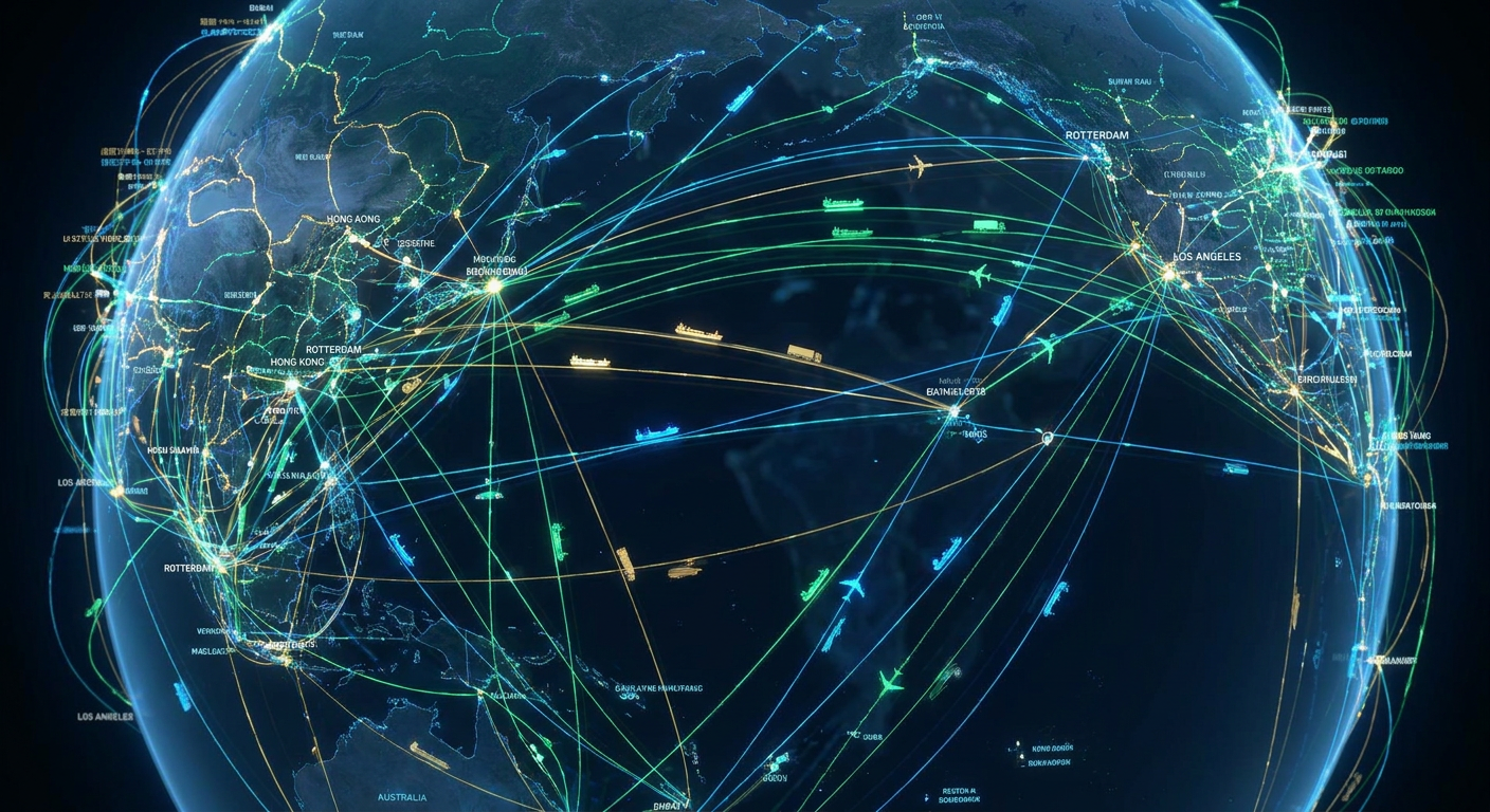 Global trade routes displayed on a digital map, showing complexity and connection.