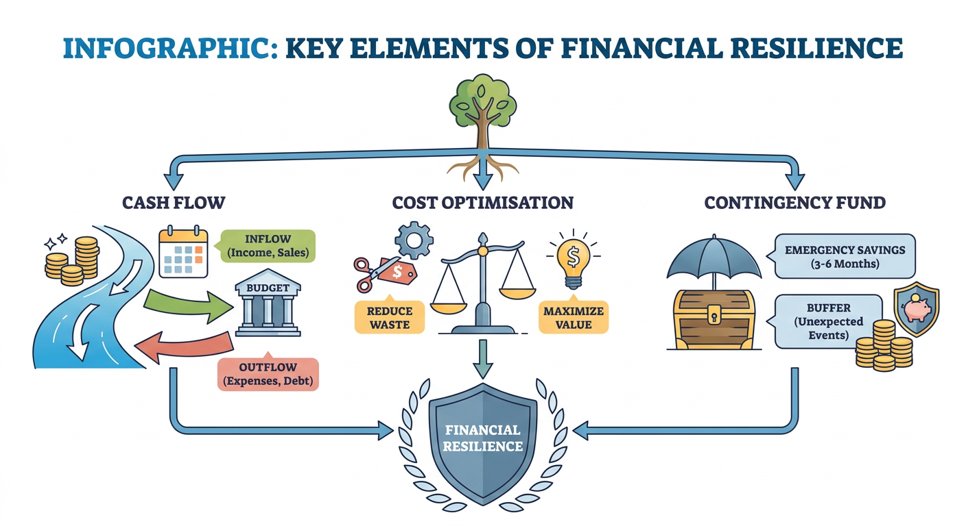 Infographic showing key elements of financial resilience: cash flow, cost optimisation, and contingency fund.