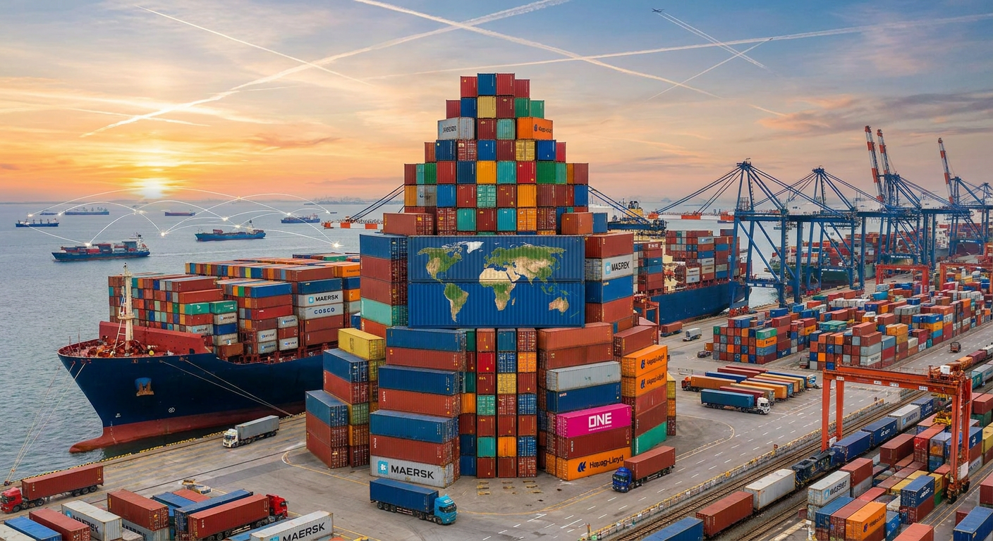 Logistics and shipping containers, symbolising global supply chains.