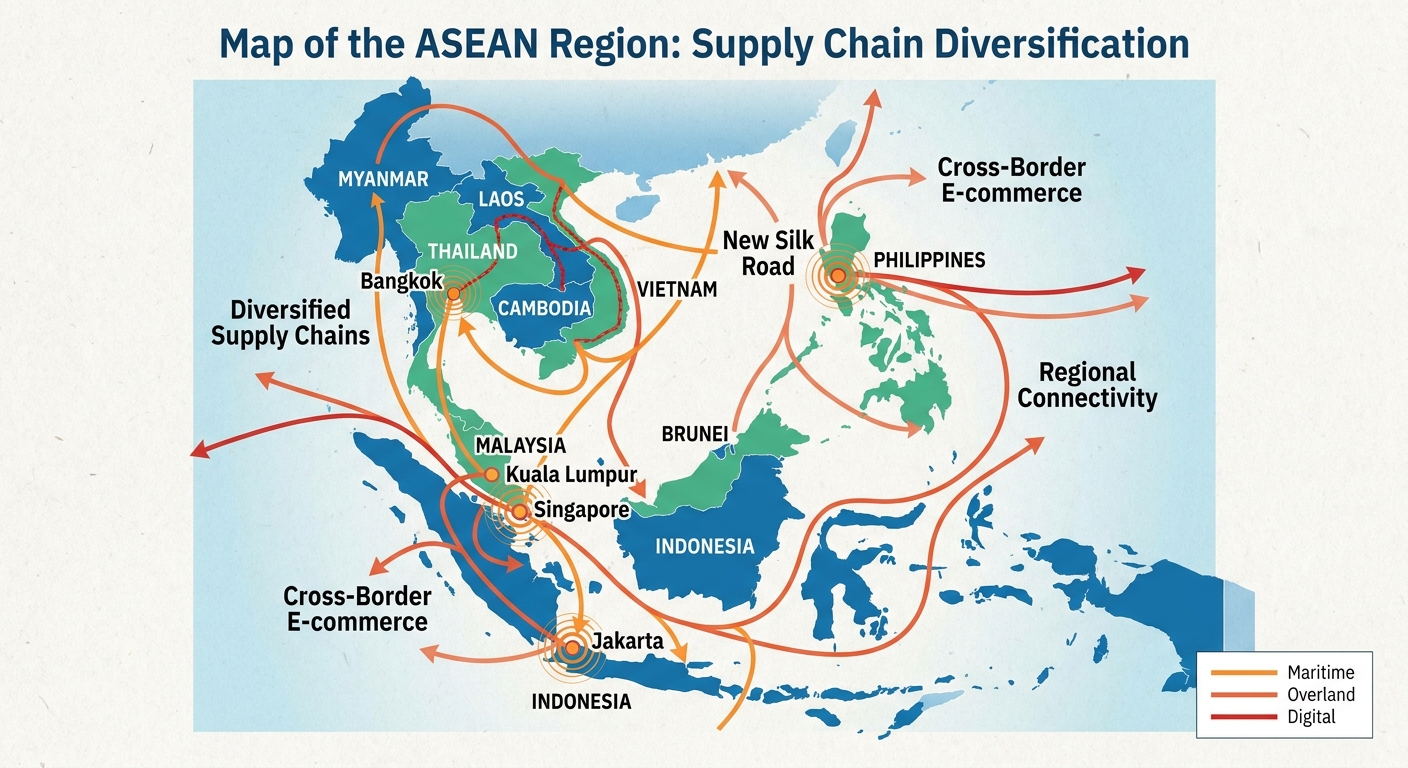 Map of the ASEAN region with highlighted trade routes to represent supply chain diversification.