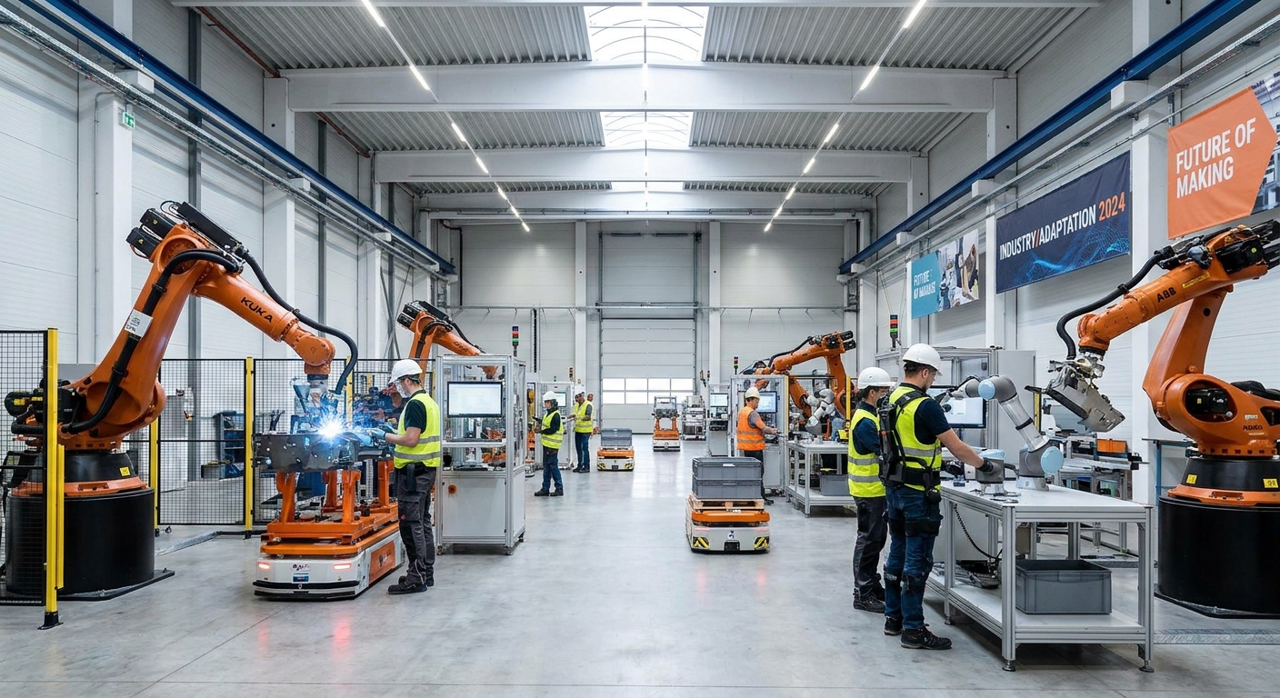 Modern factory floor with robotics and workers, representing industry and adaptation.