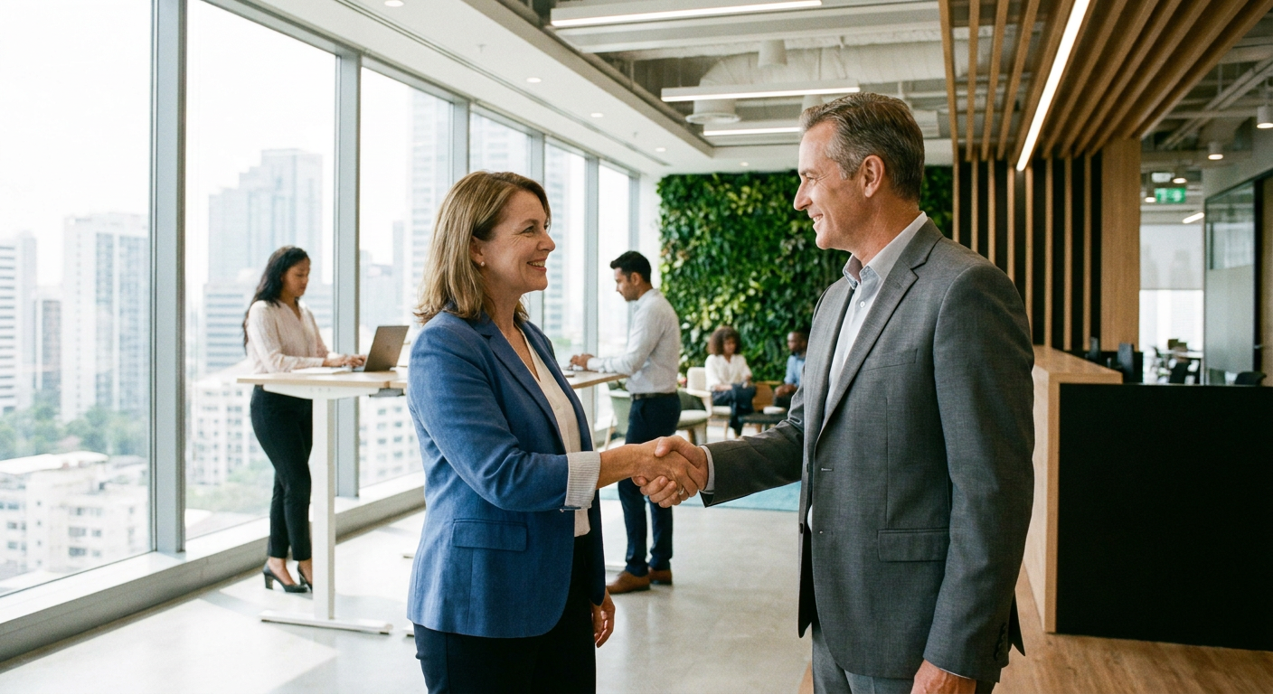 Two business professionals shaking hands in a modern office.