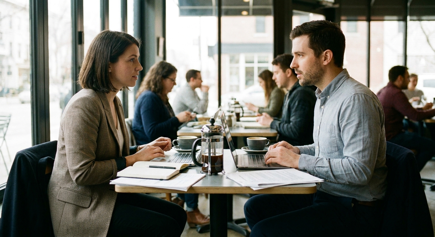 Two people having a professional meeting over coffee.